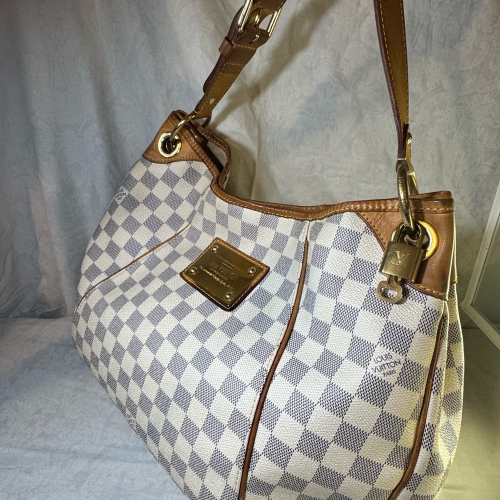 Louis Vuitton Galliera PM Shoulder Bag Hobo Damier Azur Leather White